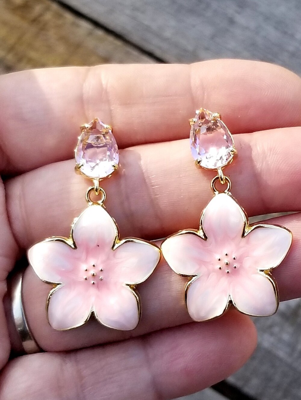 14k Gold Pink Tourmaline Floral Stud Earrings, Pink Flower Dangle Earrings